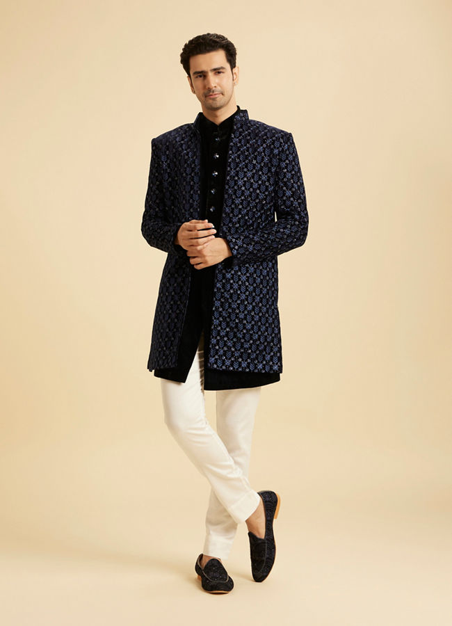 Manyavar Men Royal Blue Velvet Splendor Indo Western