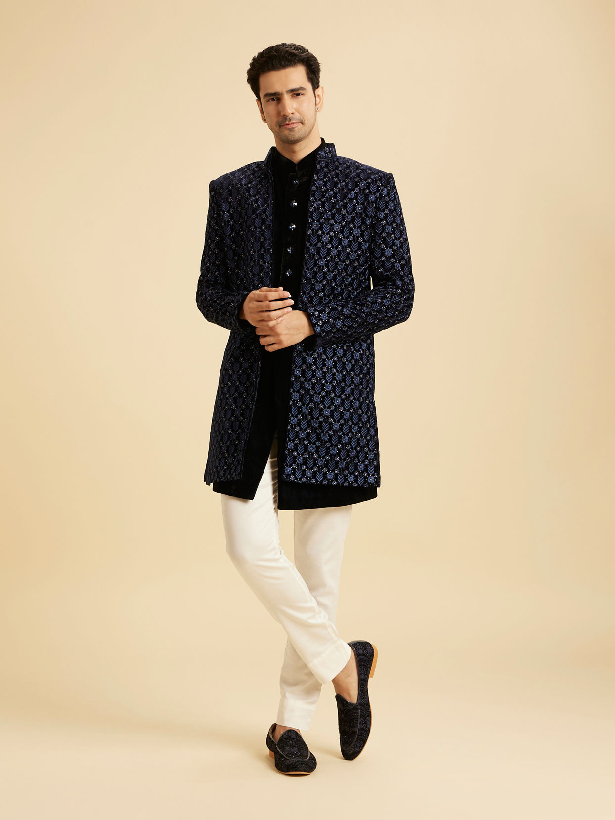 Manyavar Men Royal Blue Velvet Splendor Indo Western