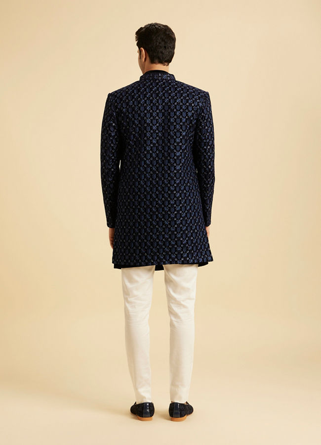 Manyavar Men Royal Blue Velvet Splendor Indo Western