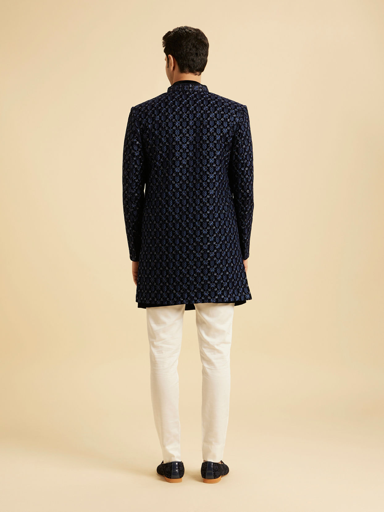Manyavar Men Royal Blue Velvet Splendor Indo Western