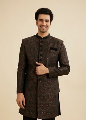 Manyavar Men Charcoal Black And Bottle Green Jaal Medallion Patterned Indo Western Set