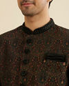 Manyavar Men Charcoal Black And Bottle Green Jaal Medallion Patterned Indo Western Set