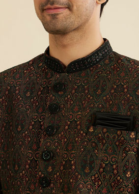 Manyavar Men Charcoal Black And Bottle Green Jaal Medallion Patterned Indo Western Set