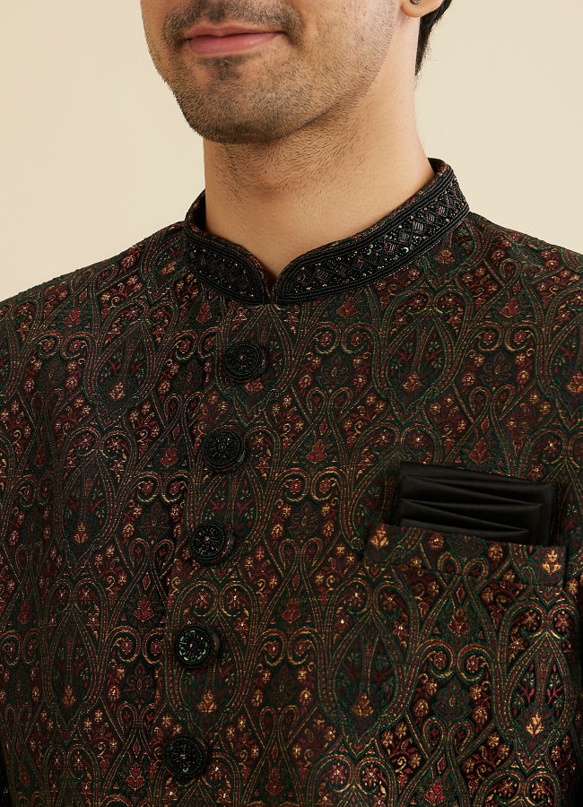 Manyavar Men Charcoal Black And Bottle Green Jaal Medallion Patterned Indo Western Set