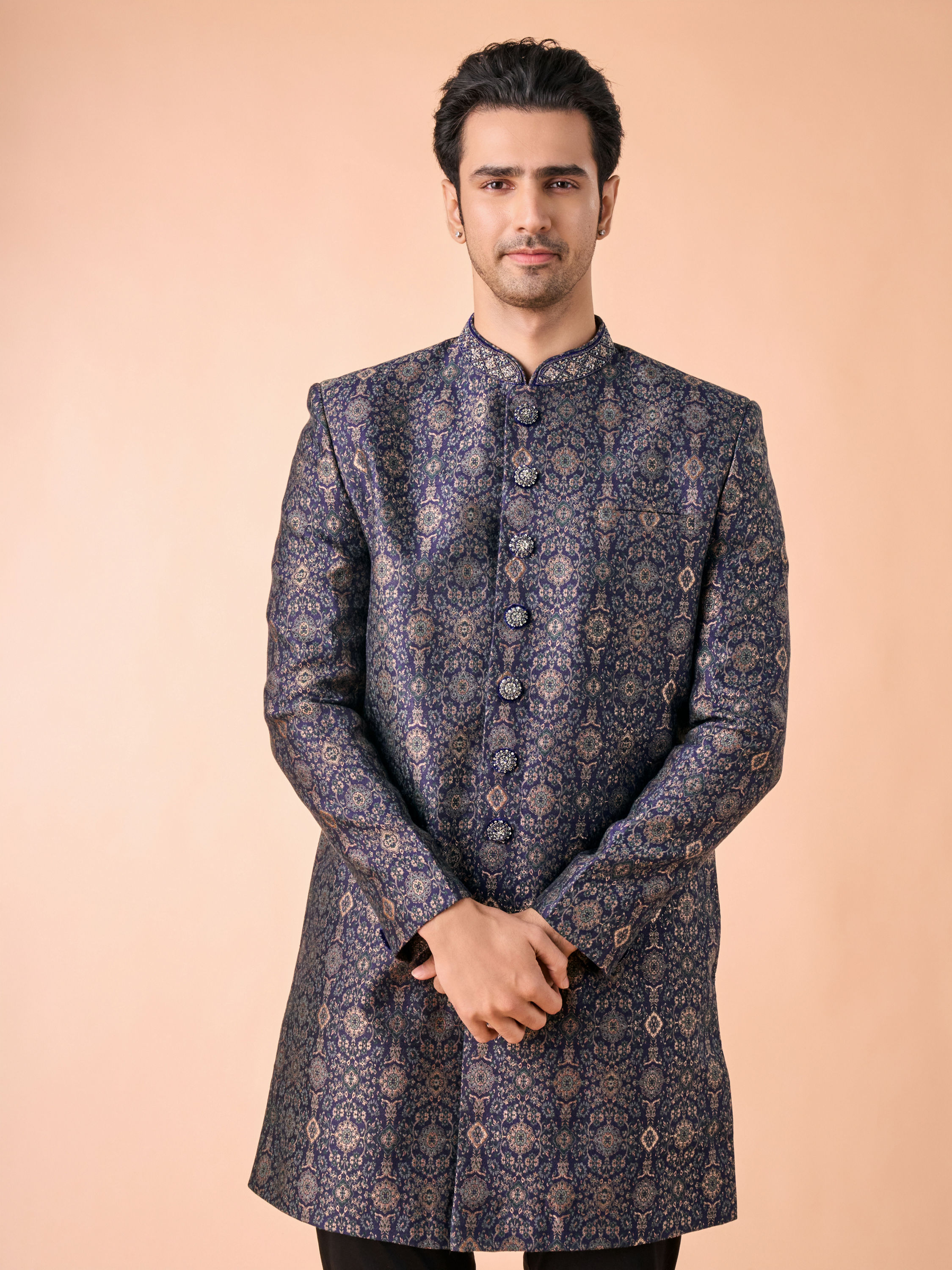 Manyavar Men Splendid Sapphire Brocade Indo Western