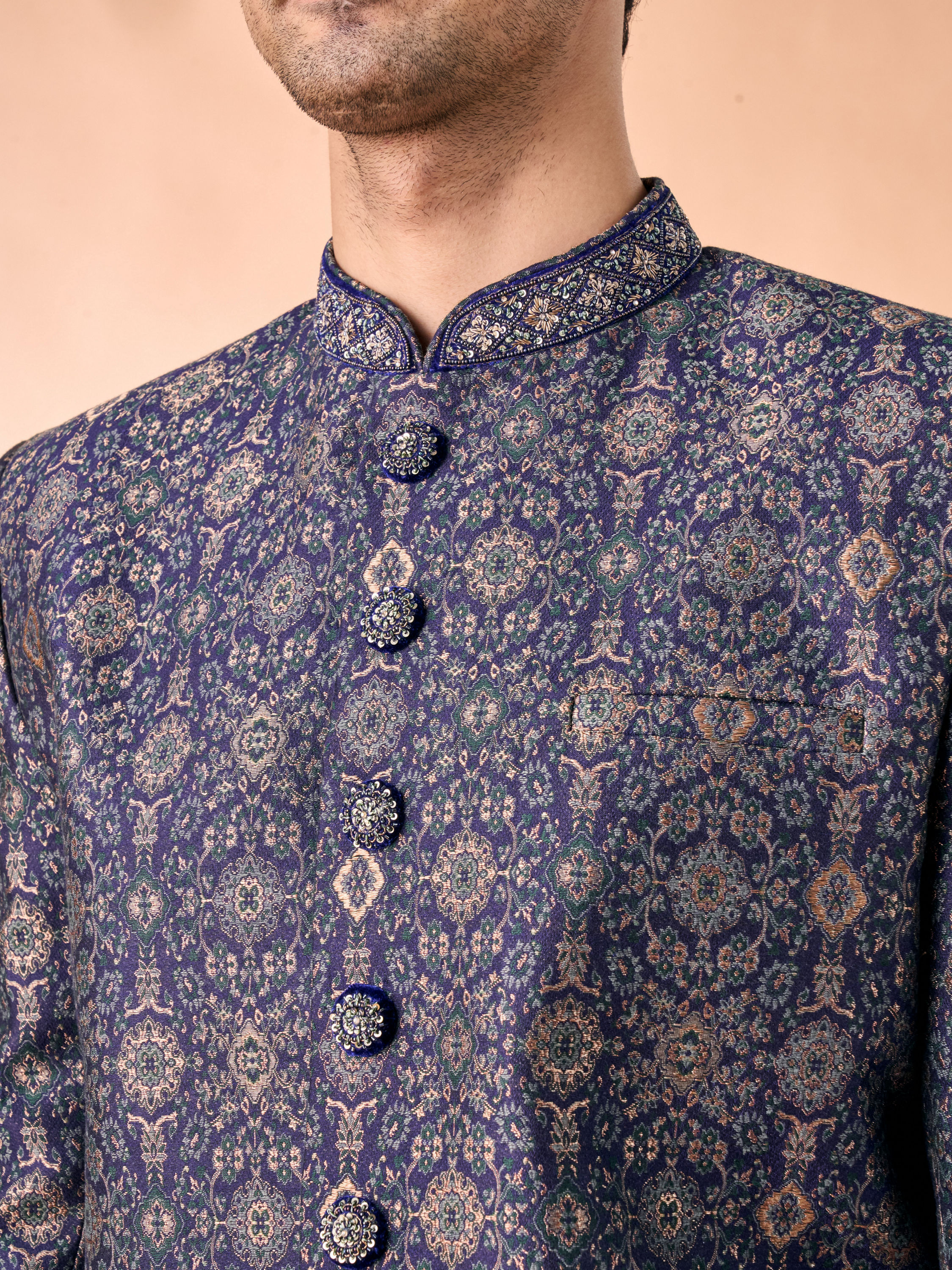 Manyavar Men Splendid Sapphire Brocade Indo Western
