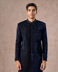 Manyavar Men Dazzling Dark Blue Velvet Indo Western