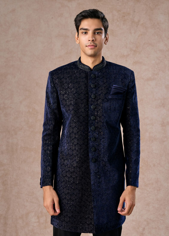 Manyavar Men Dazzling Dark Blue Velvet Indo Western