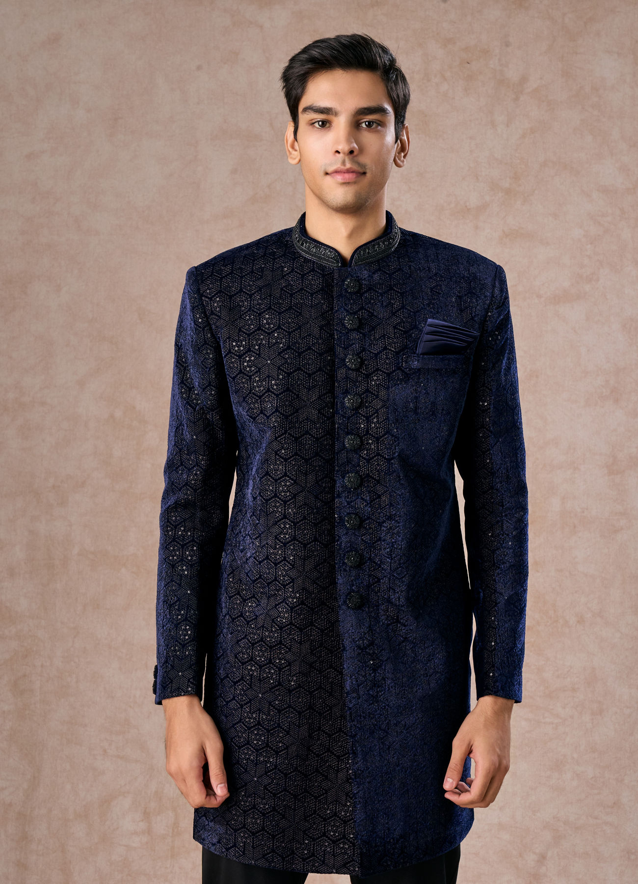 Manyavar Men Dazzling Dark Blue Velvet Indo Western