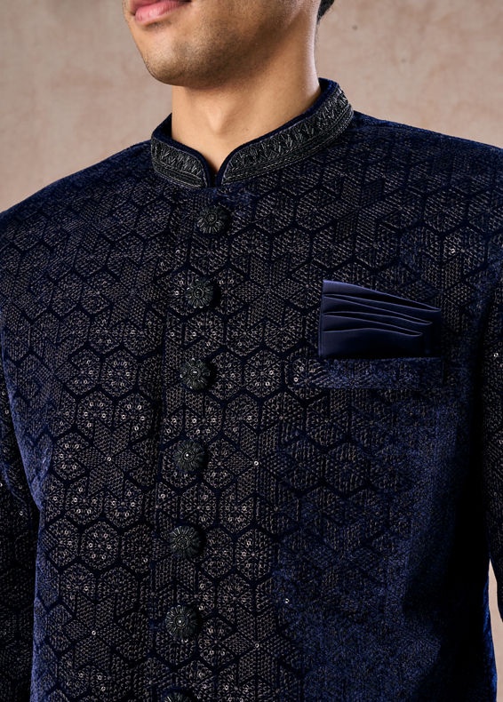 Manyavar Men Dazzling Dark Blue Velvet Indo Western