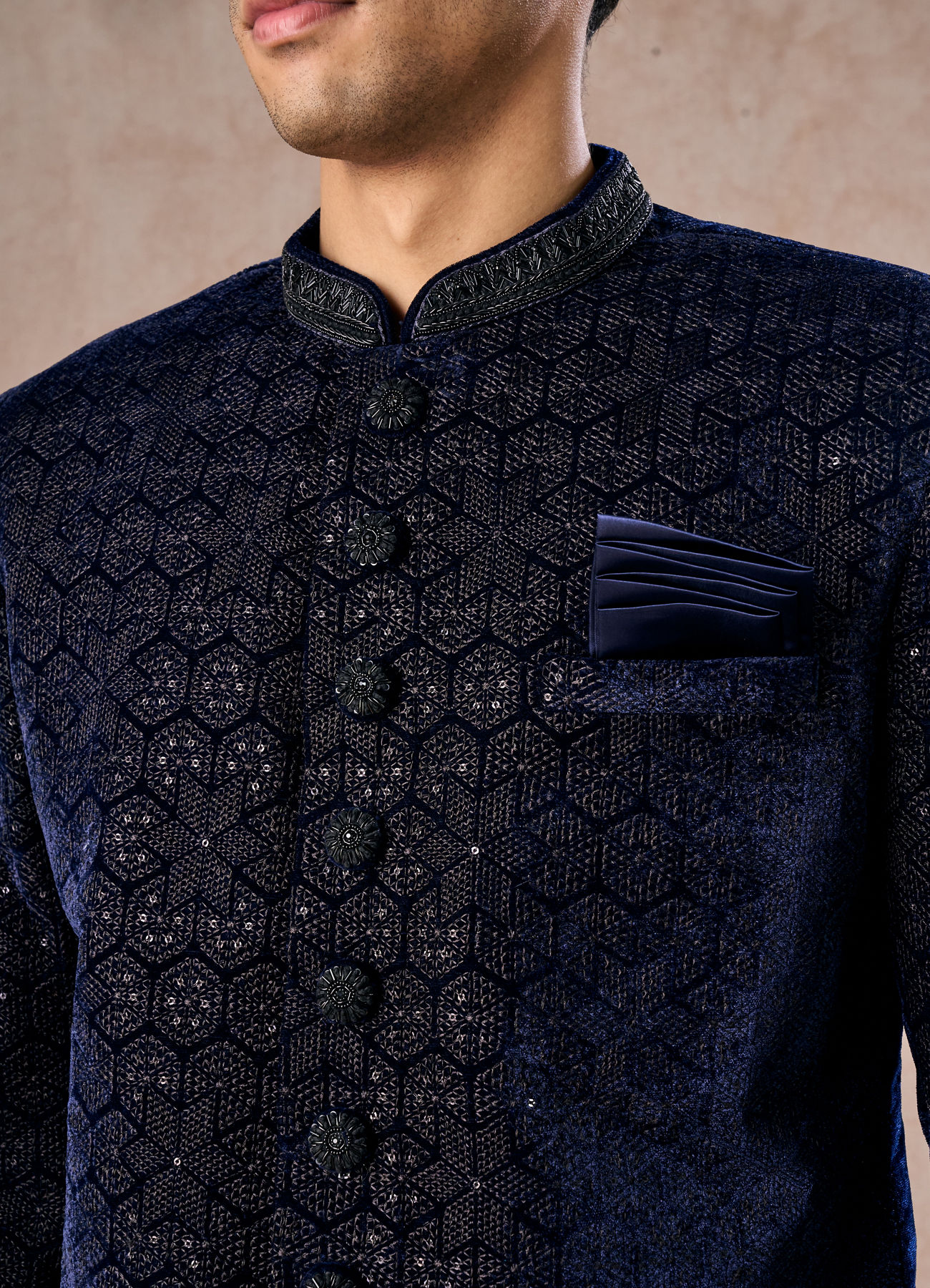 Manyavar Men Dazzling Dark Blue Velvet Indo Western