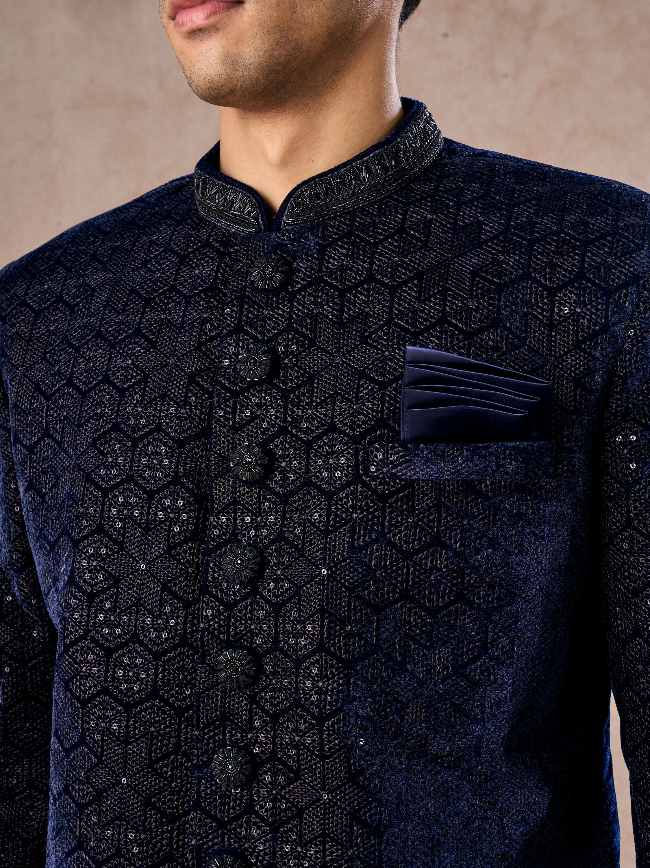 Manyavar Men Dazzling Dark Blue Velvet Indo Western
