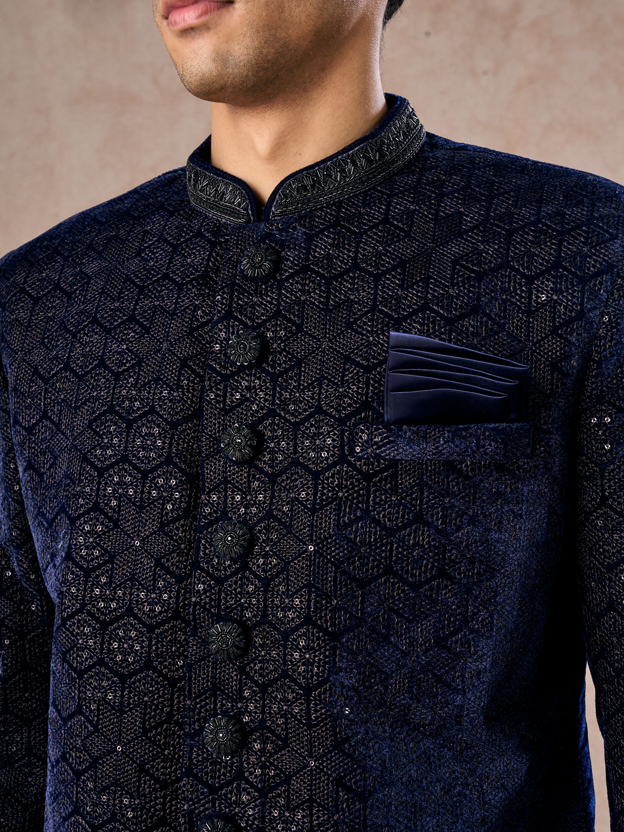 Manyavar Men Dazzling Dark Blue Velvet Indo Western
