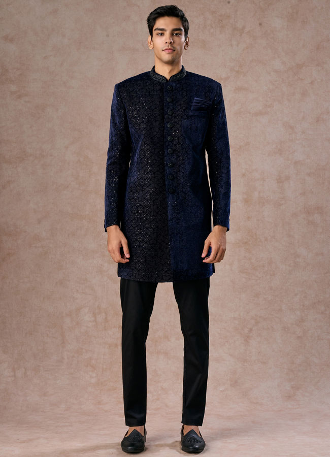 Manyavar Men Dazzling Dark Blue Velvet Indo Western