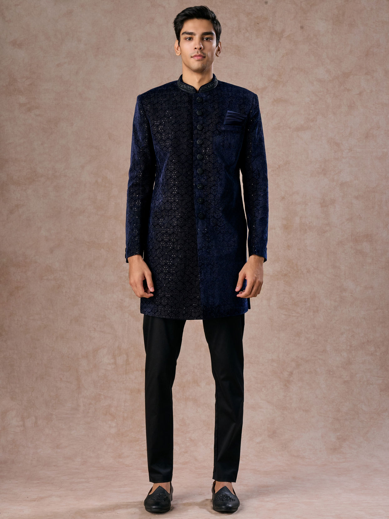 Manyavar Men Dazzling Dark Blue Velvet Indo Western