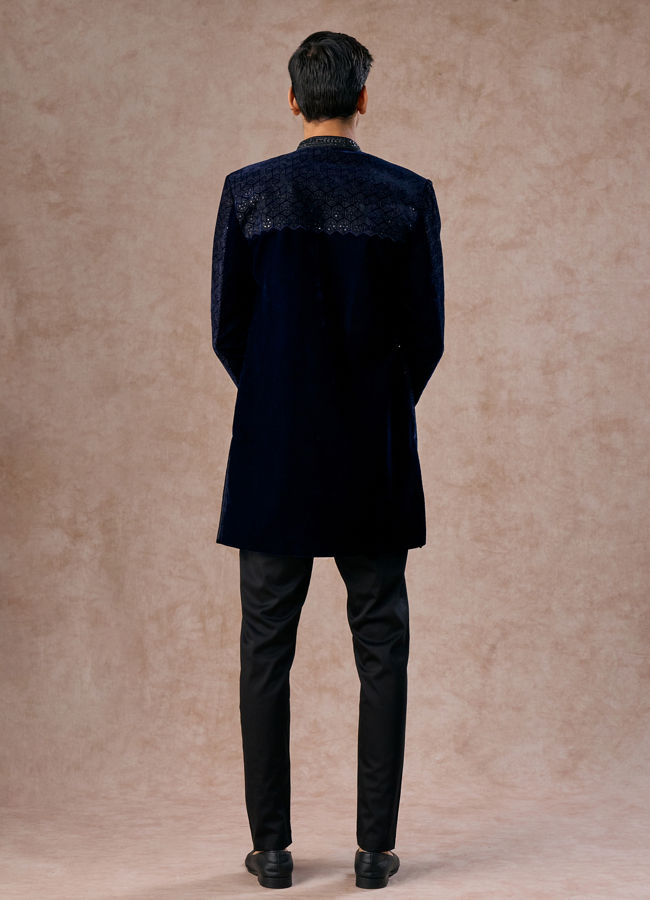 Manyavar Men Dazzling Dark Blue Velvet Indo Western