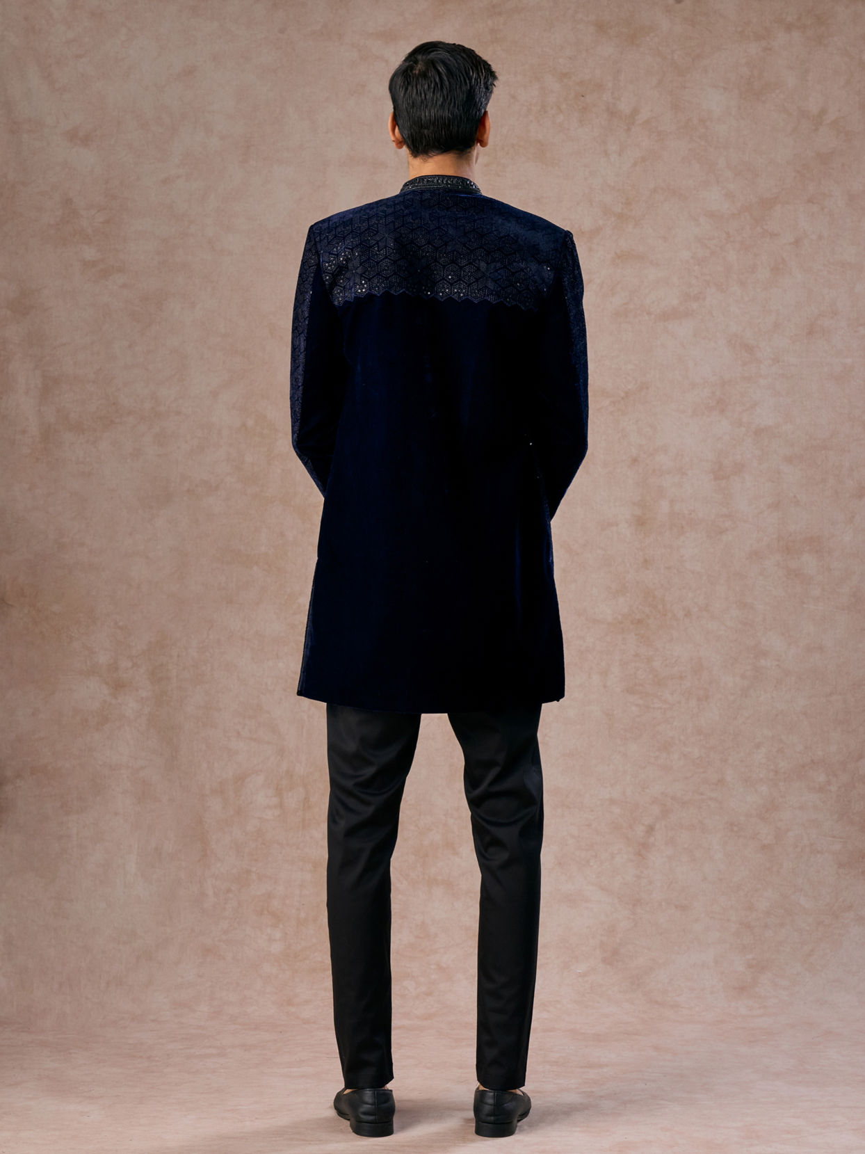 Manyavar Men Dazzling Dark Blue Velvet Indo Western