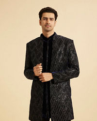 Manyavar Men Dark Blue Velvet Indo Western Ensemble