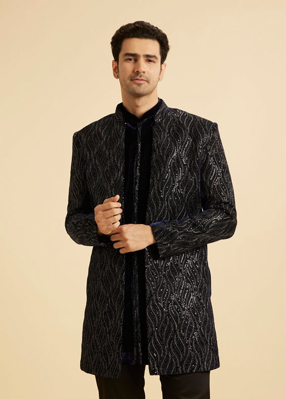 Manyavar Men Dark Blue Velvet Indo Western Ensemble