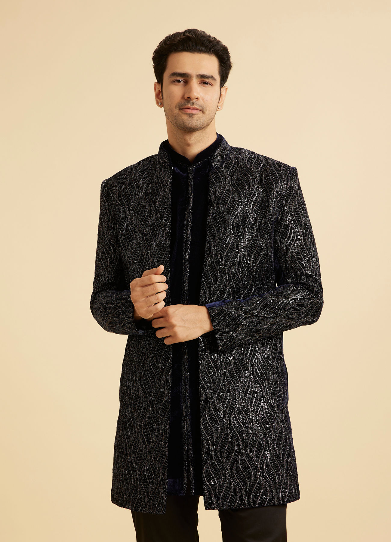 Manyavar Men Dark Blue Velvet Indo Western Ensemble