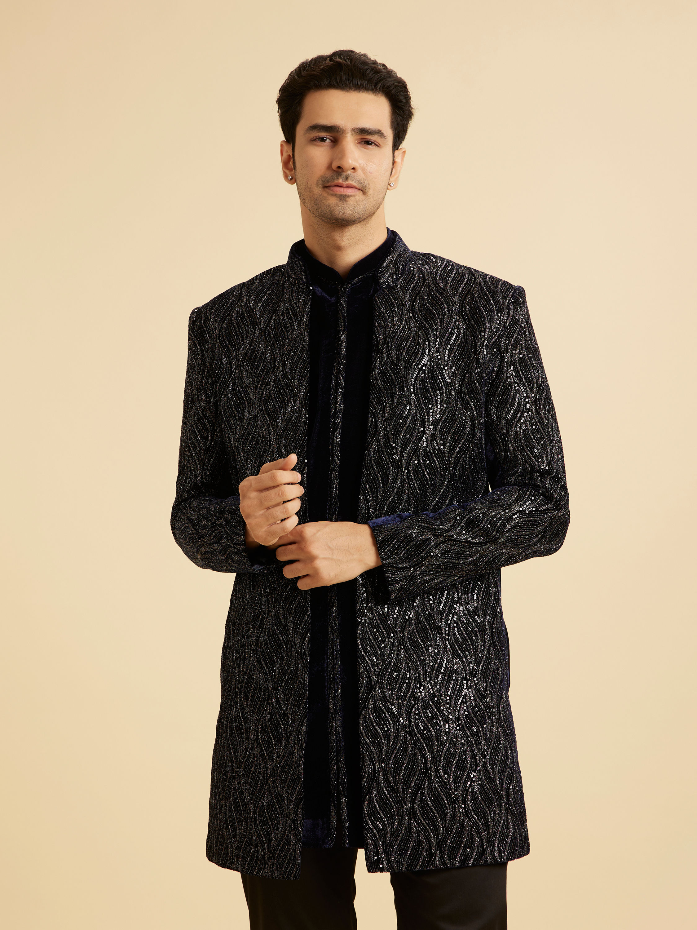 Manyavar Men Dark Blue Velvet Indo Western Ensemble