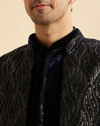 Manyavar Men Dark Blue Velvet Indo Western Ensemble