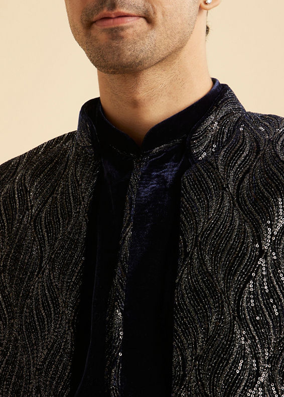 Manyavar Men Dark Blue Velvet Indo Western Ensemble