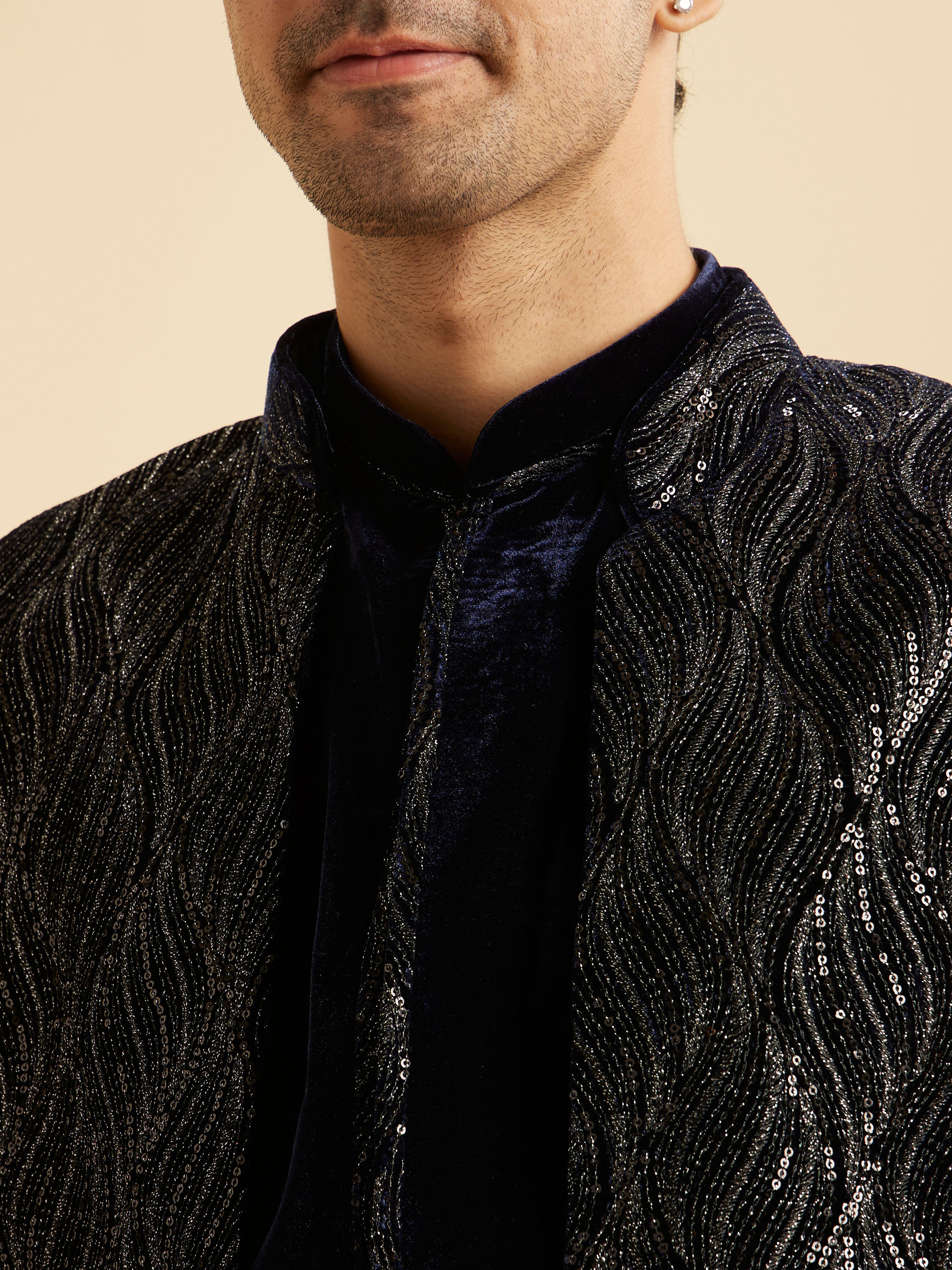 Manyavar Men Dark Blue Velvet Indo Western Ensemble