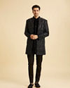 Manyavar Men Dark Blue Velvet Indo Western Ensemble