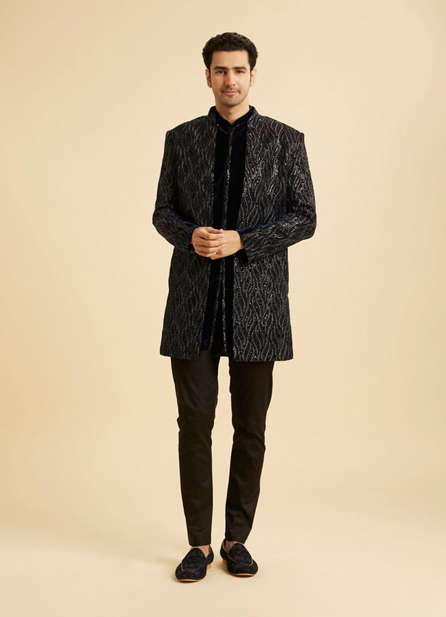 Manyavar Men Dark Blue Velvet Indo Western Ensemble