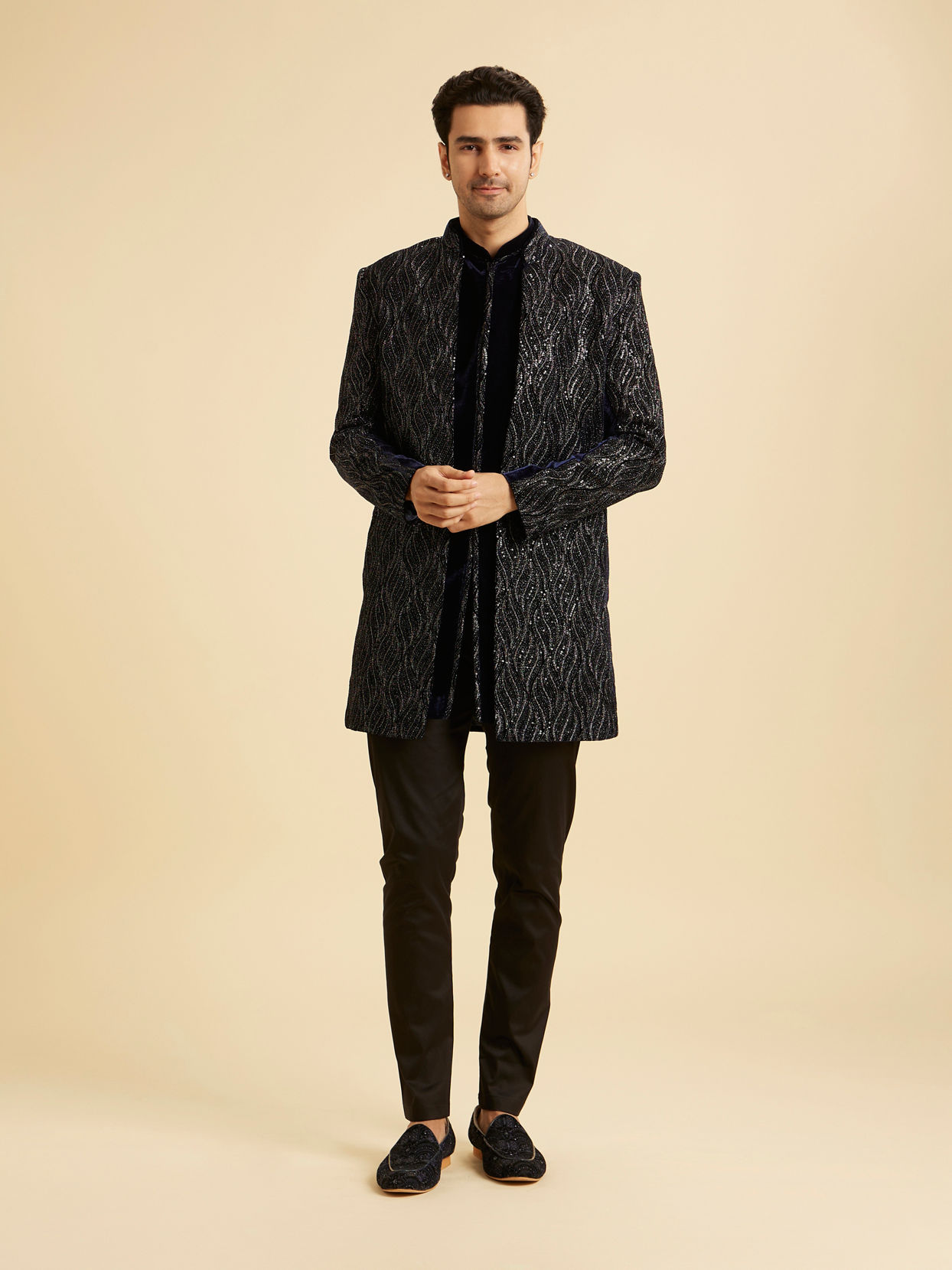 Manyavar Men Dark Blue Velvet Indo Western Ensemble