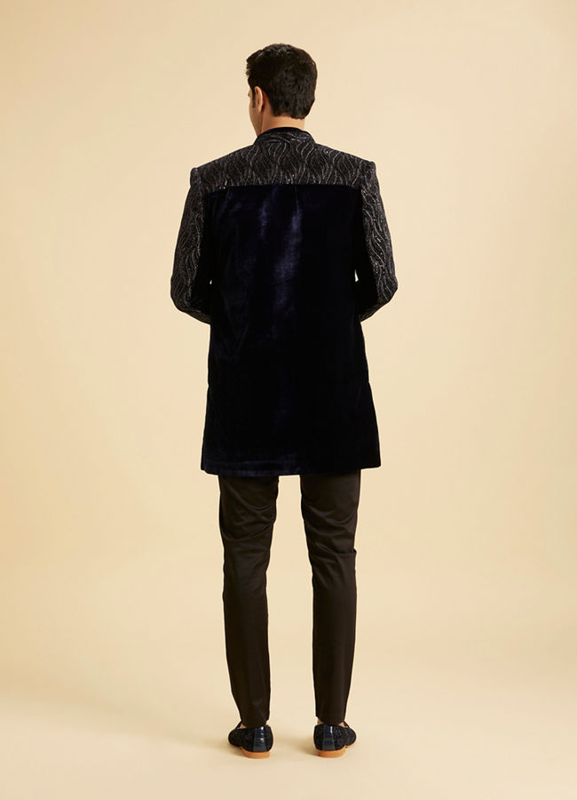 Manyavar Men Dark Blue Velvet Indo Western Ensemble