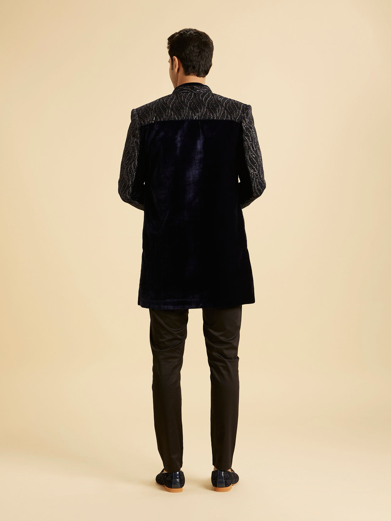 Manyavar Men Dark Blue Velvet Indo Western Ensemble