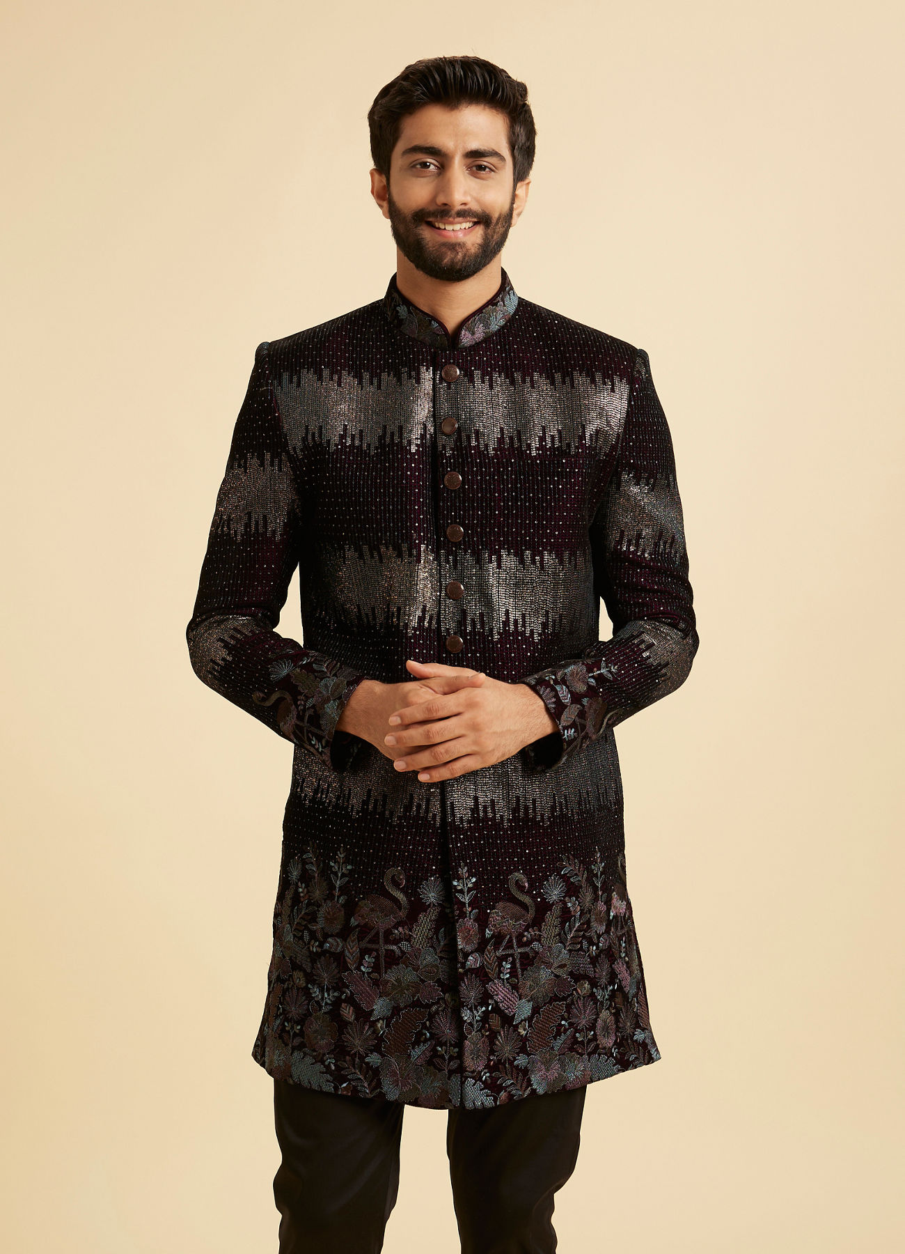 Manyavar Men Regal Wine Velvet Indo Western