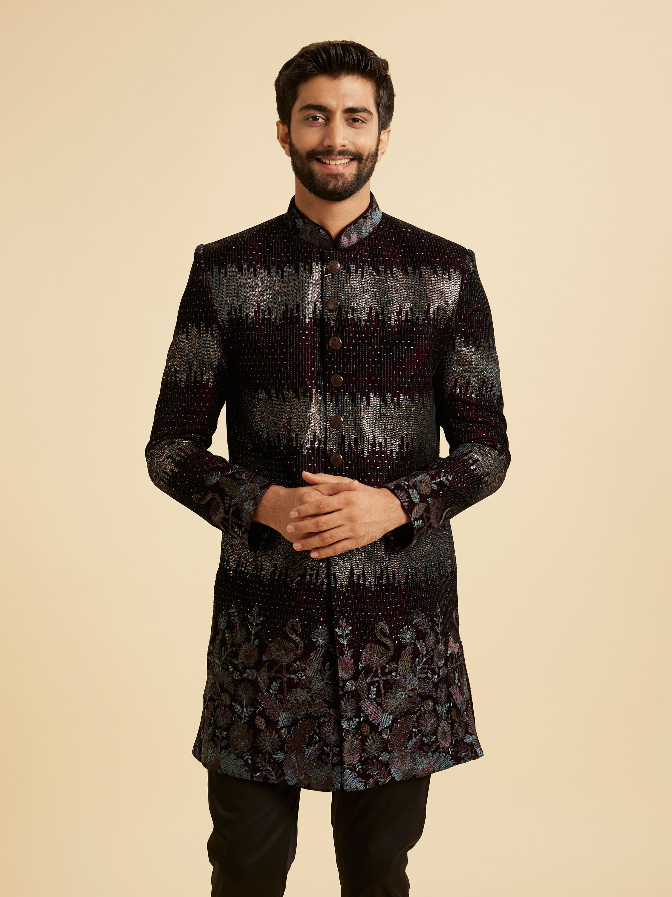 Manyavar Men Regal Wine Velvet Indo Western