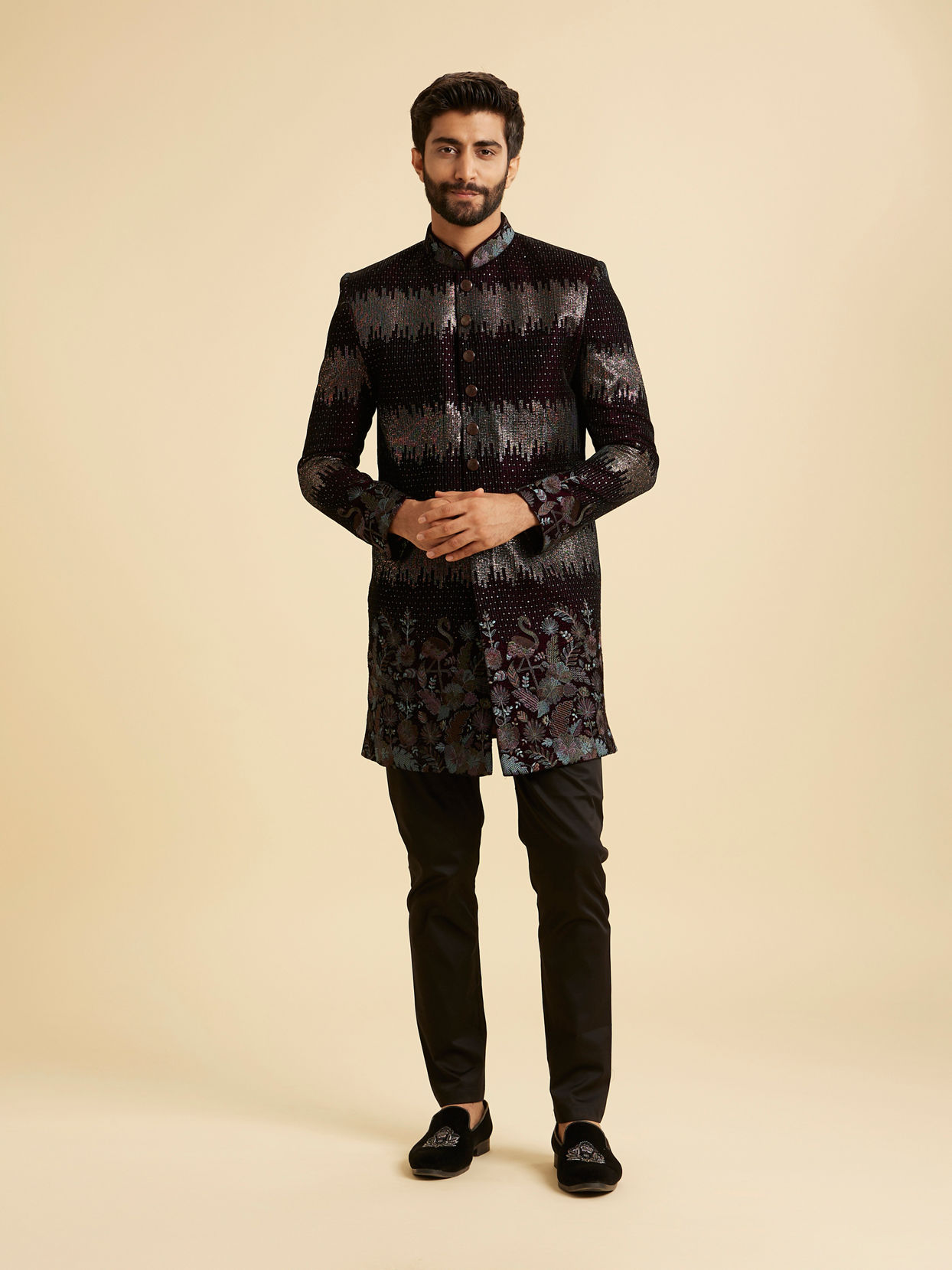 Manyavar Men Regal Wine Velvet Indo Western