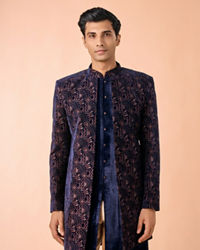 Manyavar Men Peacock Blue Velvet Radiance Indo Western