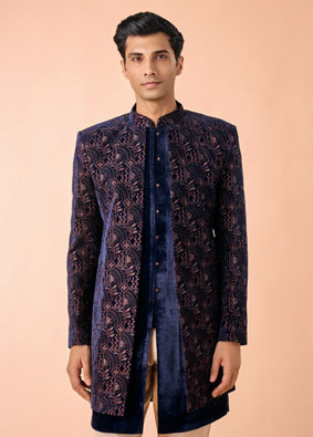 Manyavar Men Peacock Blue Velvet Radiance Indo Western