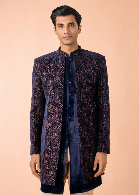 Manyavar Men Peacock Blue Velvet Radiance Indo Western