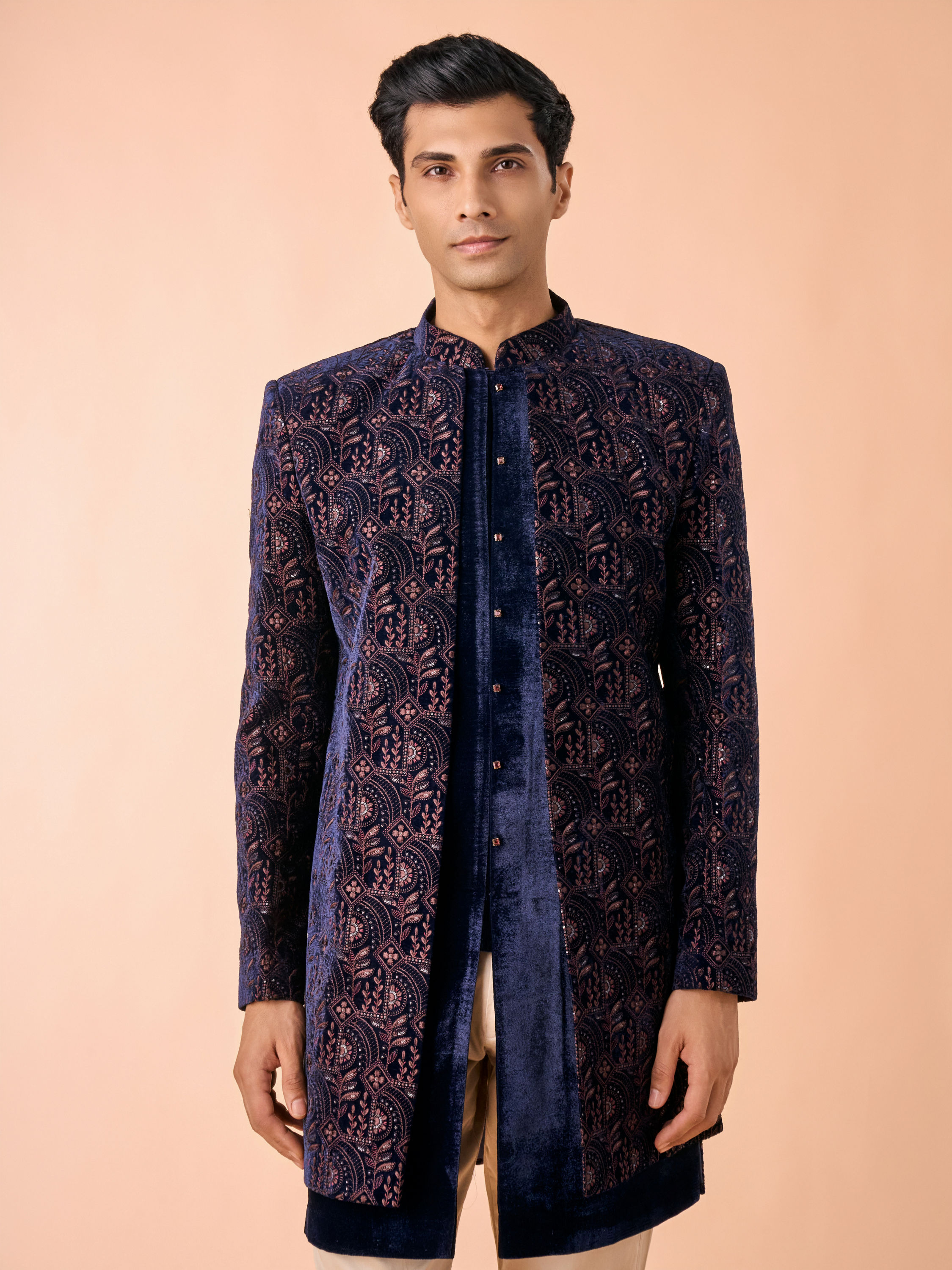 Manyavar Men Peacock Blue Velvet Radiance Indo Western