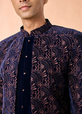Manyavar Men Peacock Blue Velvet Radiance Indo Western