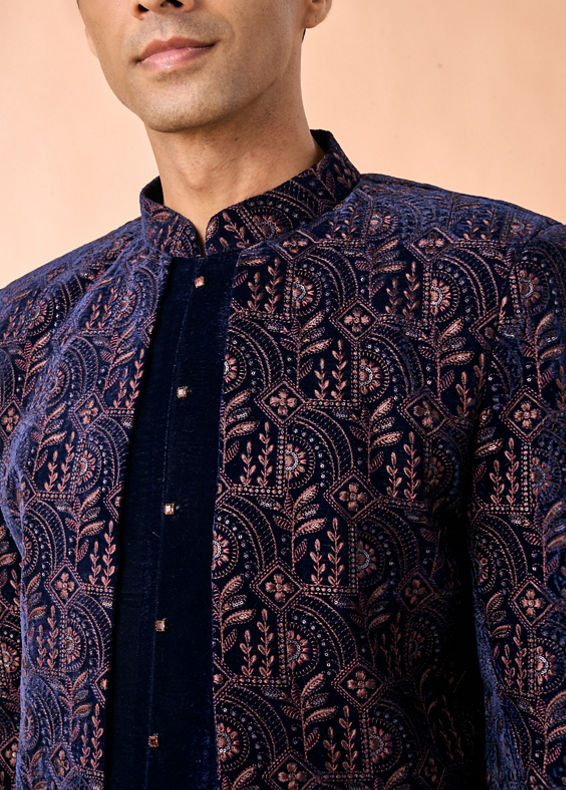 Manyavar Men Peacock Blue Velvet Radiance Indo Western