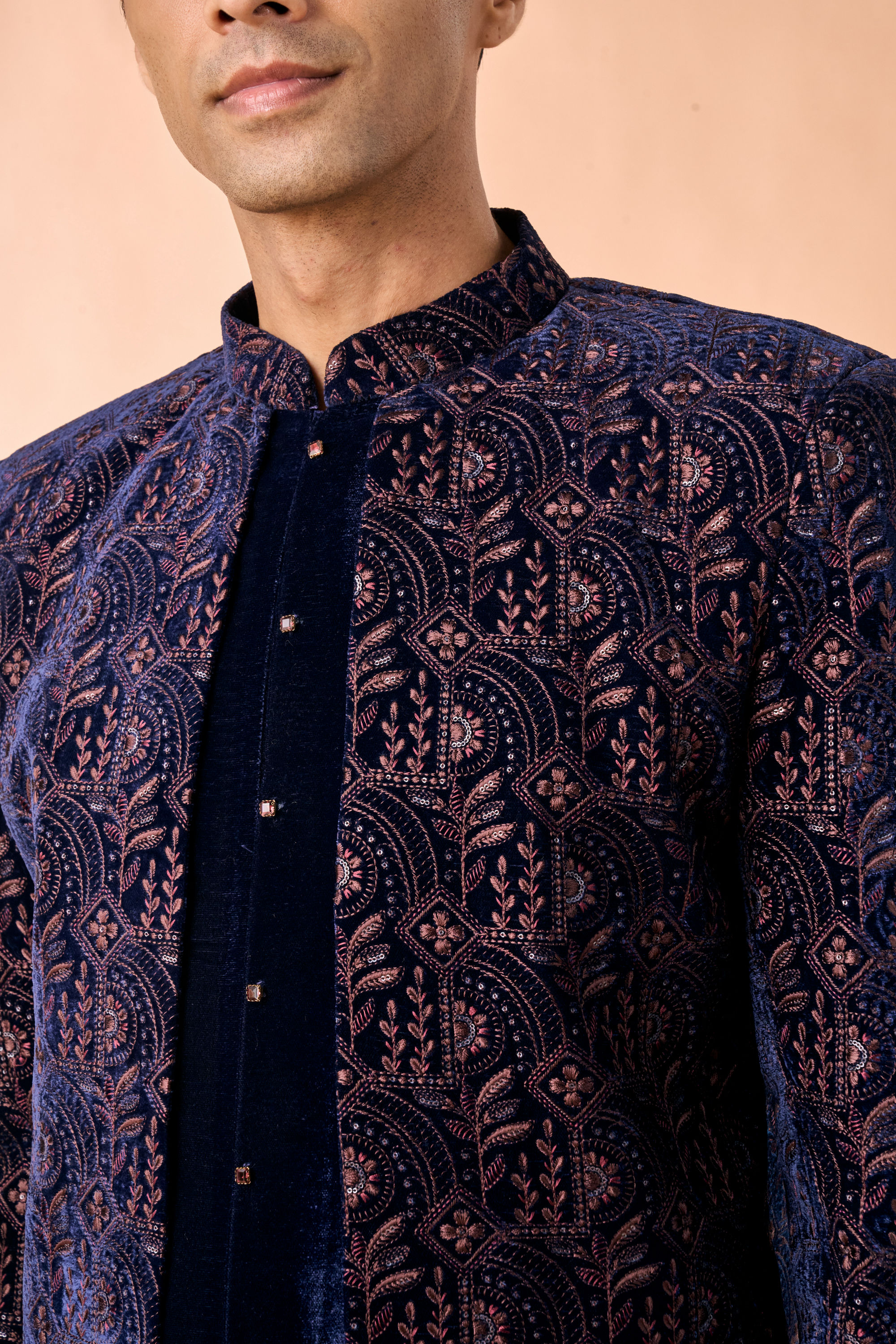 Manyavar Men Peacock Blue Velvet Radiance Indo Western