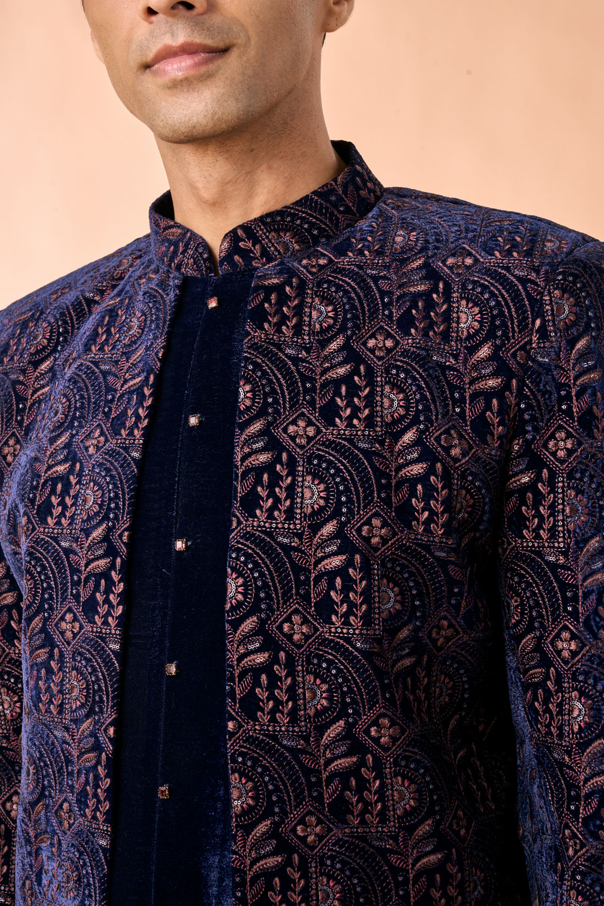 Manyavar Men Peacock Blue Velvet Radiance Indo Western
