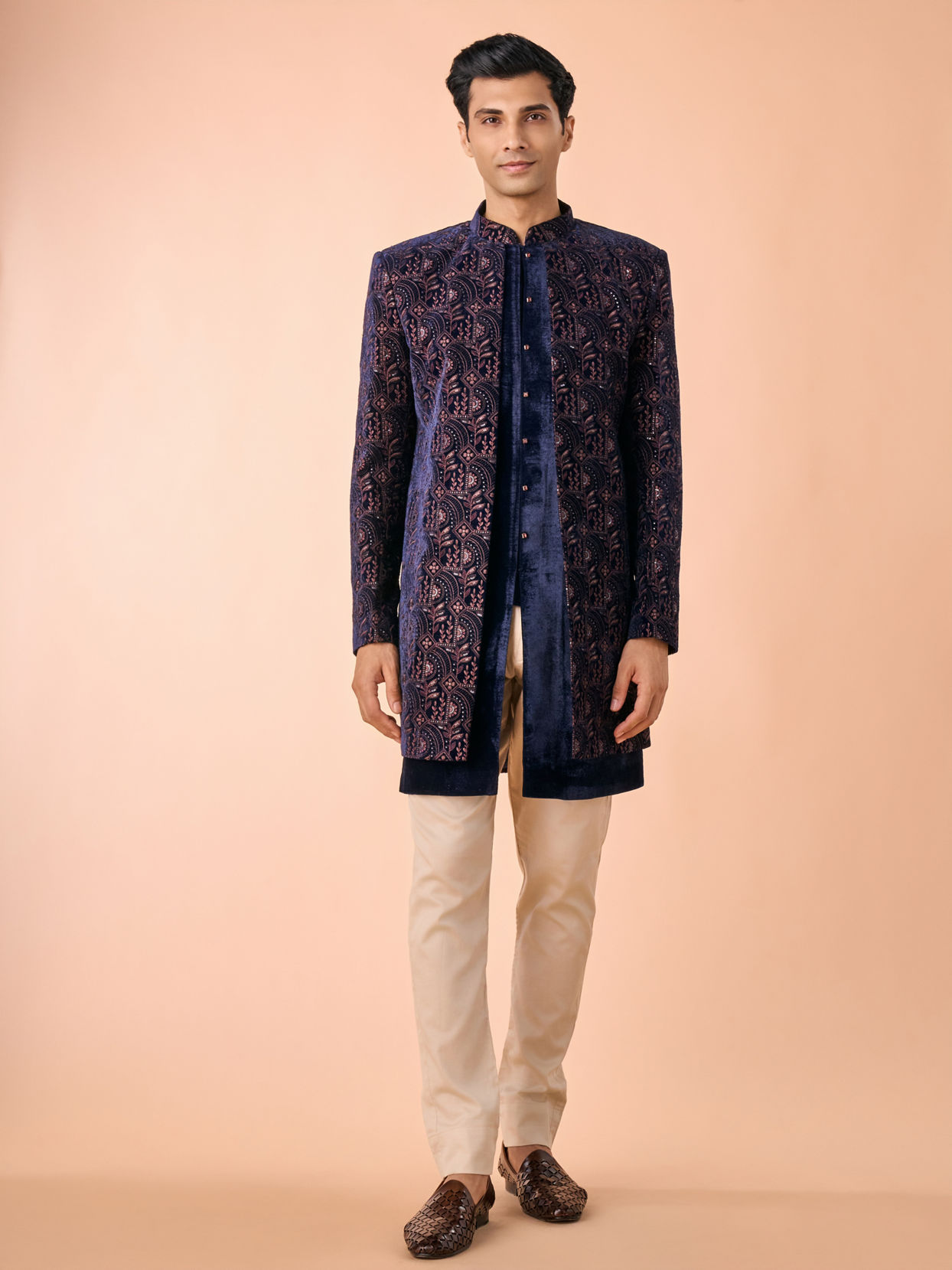 Manyavar Men Peacock Blue Velvet Radiance Indo Western