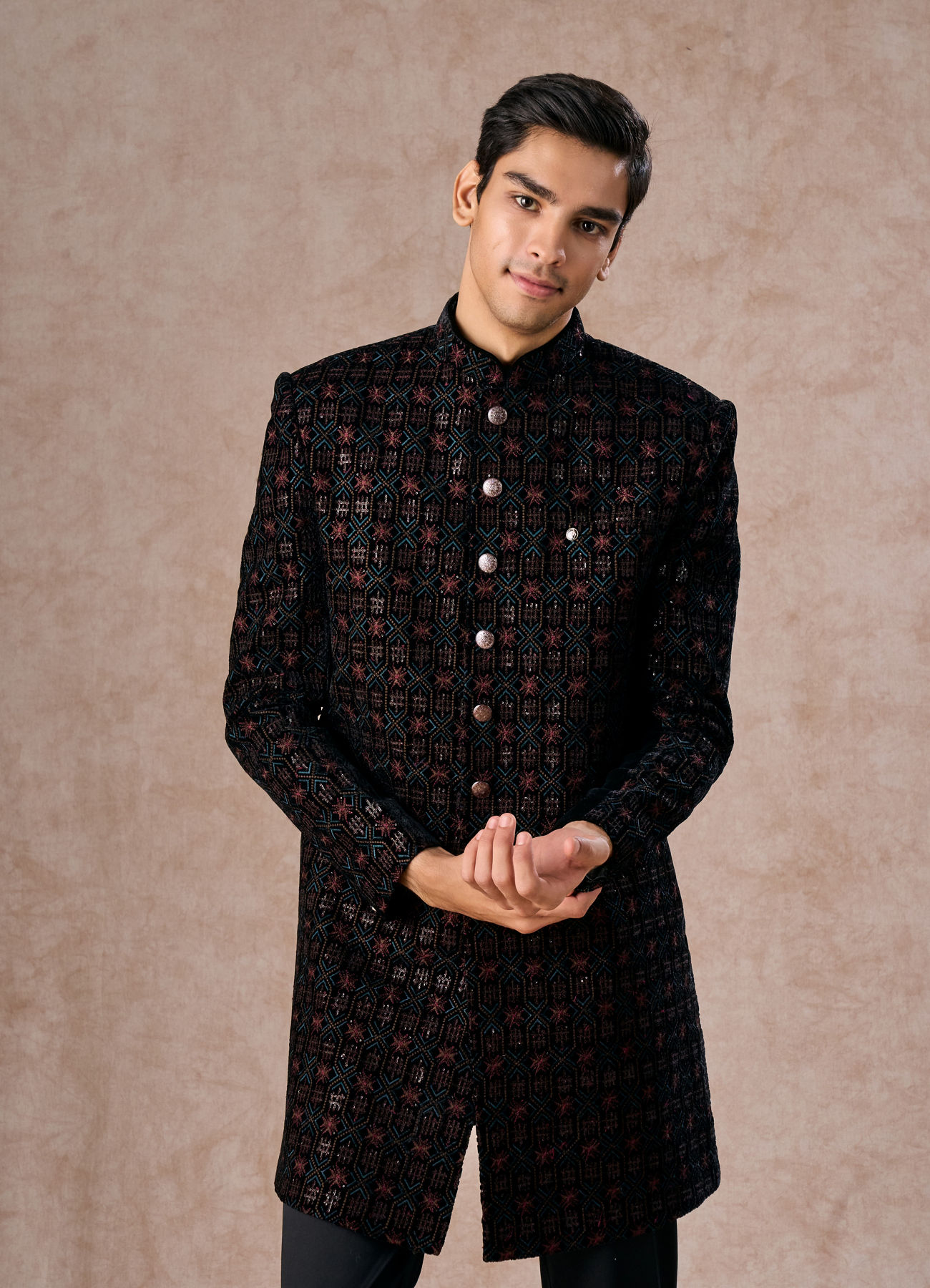 Manyavar Men Black Velvet Charm Indo Western
