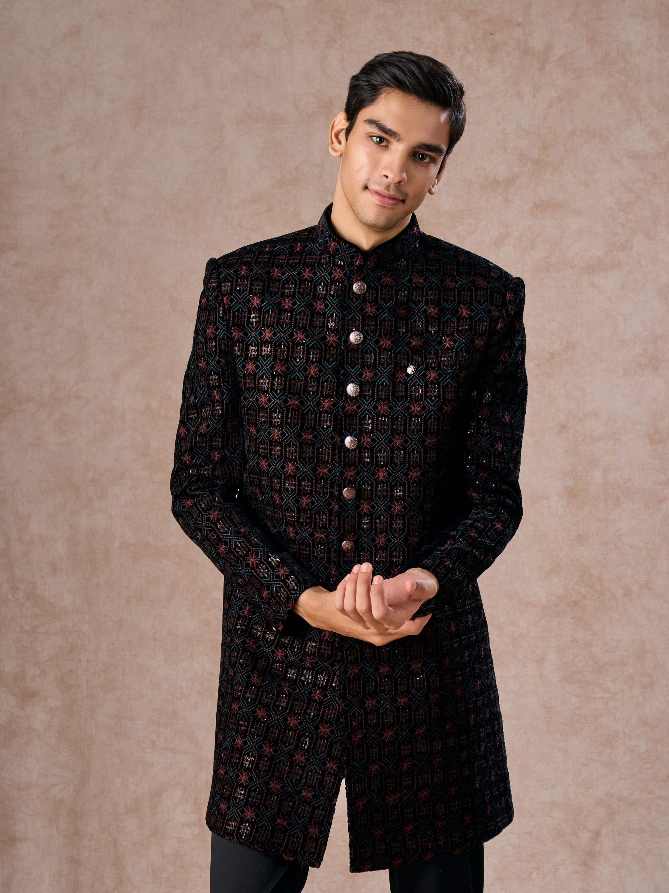 Manyavar Men Black Velvet Charm Indo Western