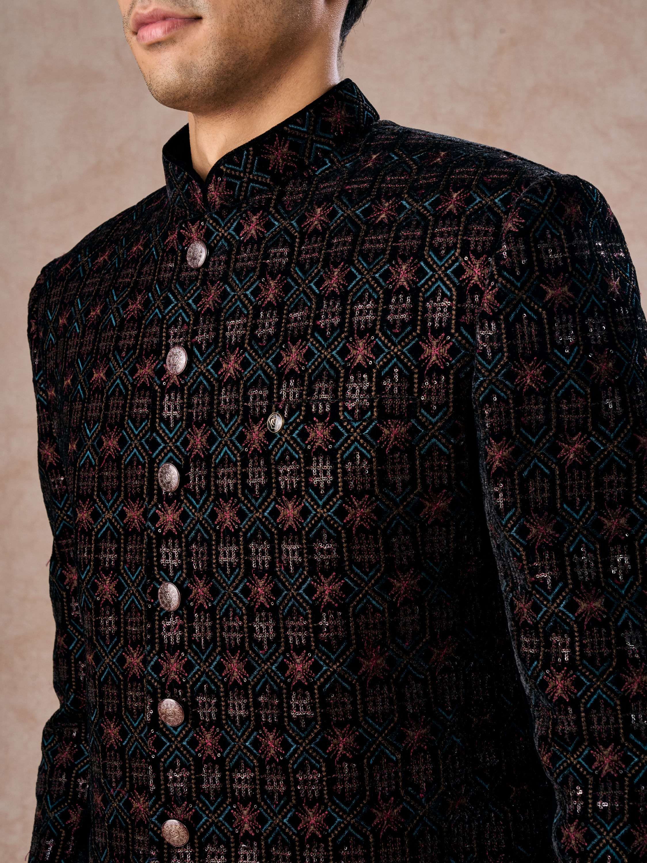 Manyavar Men Black Velvet Charm Indo Western