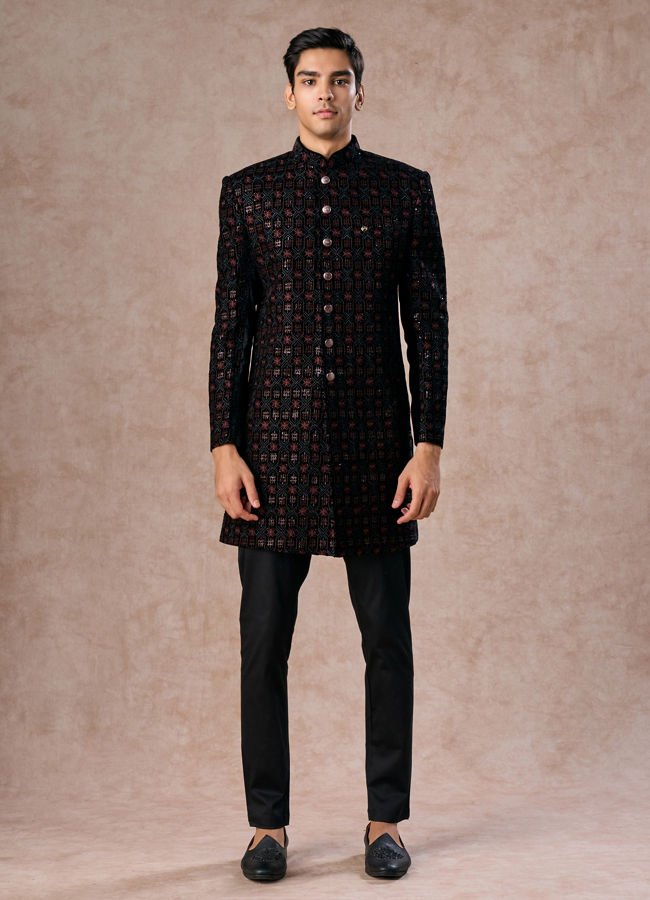 Manyavar Men Black Velvet Charm Indo Western