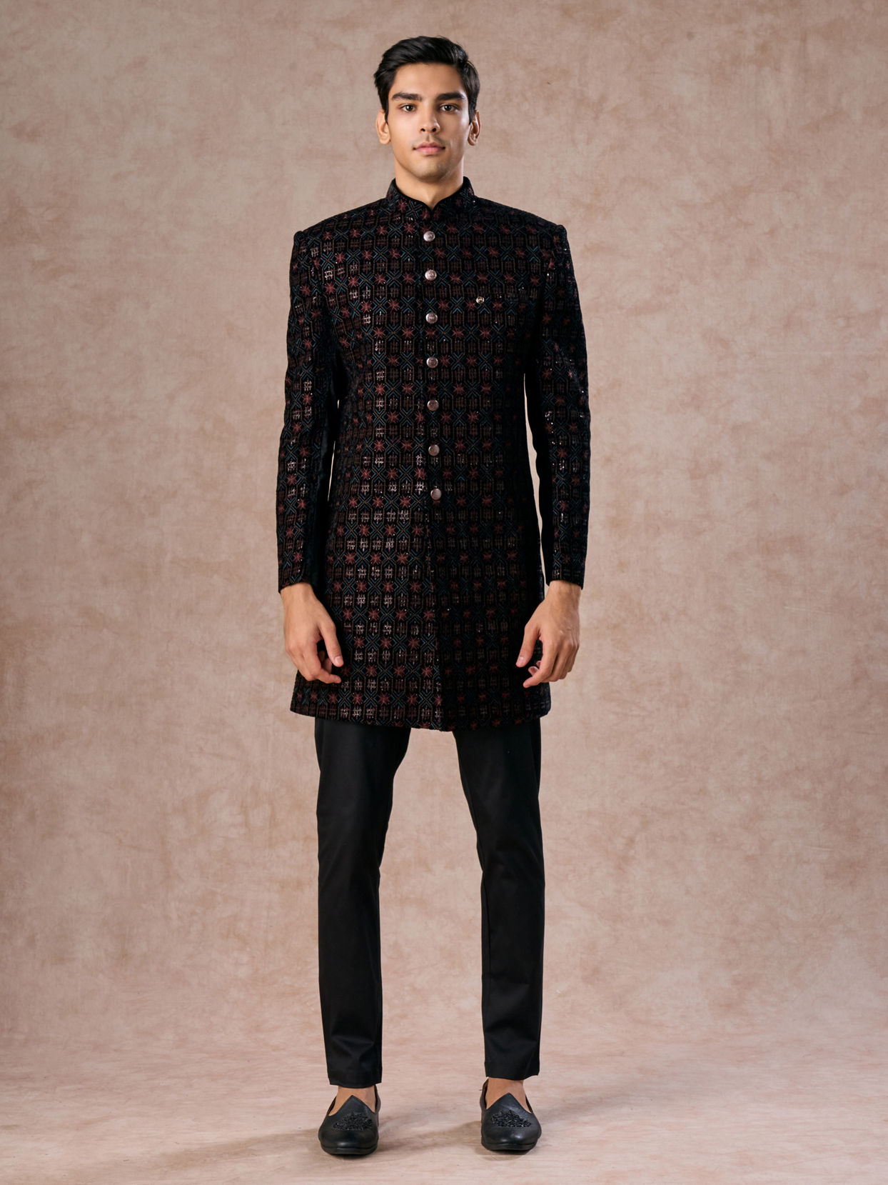 Manyavar Men Black Velvet Charm Indo Western